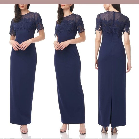 NWT JS‎ Collections [ 4 ] Crochet Embroidered Illusion Gown in Navy #Q261 - Picture 1 of 15